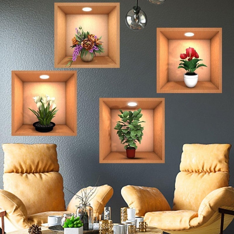 SHREE HANS CREATION 3D Beautiful Decal Flower Pot Design Decorative Wall Sticker 30Cm X 30Cm for Home Living Room Bedroom Waterproof Multi Colour 4 pcs - Image 3