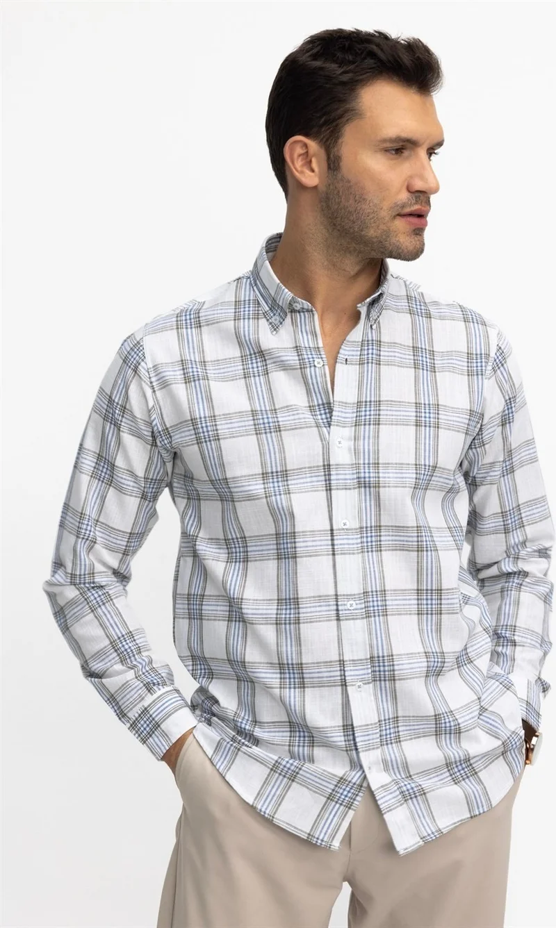 تودورس Classic Fit Long Sleeve Linen Plaid Men's Shirt