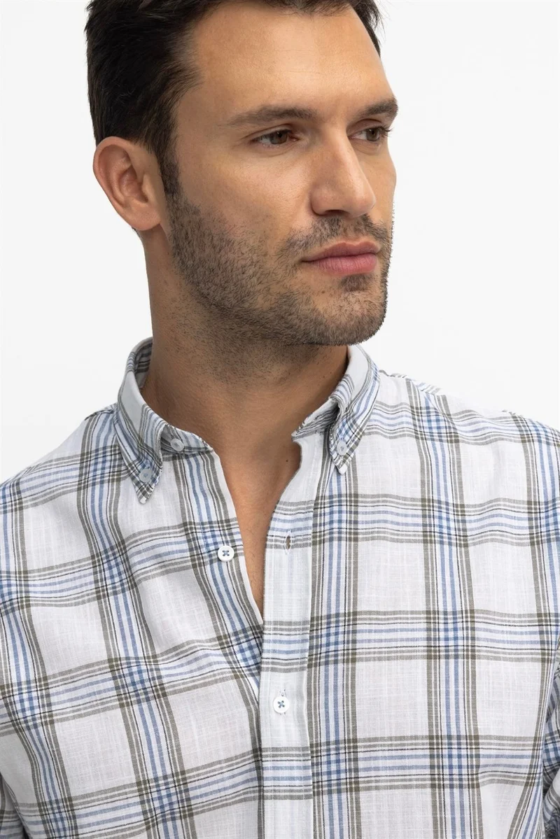 تودورس Classic Fit Long Sleeve Linen Plaid Men's Shirt