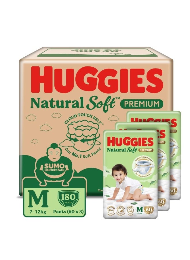 Huggies Natural Soft Premium Baby Diaper Pants, Our No.1 Soft Pants, Medium (M) Size (7-12 Kgs), Sumo Pack of 180 diapers | Cloud Softness All over with India's 1st Cloud Touch BeltTM (60 Count, Pack of 3) - Image 1