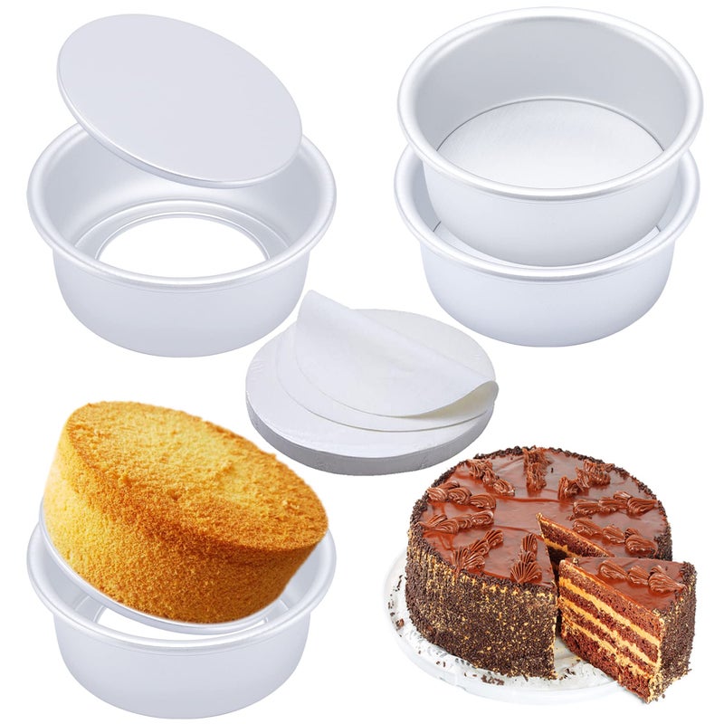 AWTBDP 6 Inch Round Cake Pan Set Of 4 Nonstick Aluminum Baking Pans With 100 Sheets Parchment Paper Tins Bakeware For Making Layered Cakes Deep Dish Pizza Quiches Removable Bottom For Easy Quick Release - Image 1