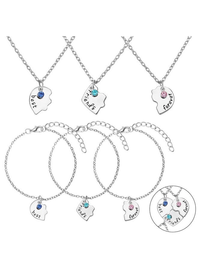 Bonuci 6 Pcs Best Friends Forever And Ever Bff Necklaces And Bracelet Printed Puzzle Broken Heart Pendant Necklaces Set Alloy Friendship Necklace Best Friend Jewelry For 3 Girls Connected Necklace (Silver)  - Image 1