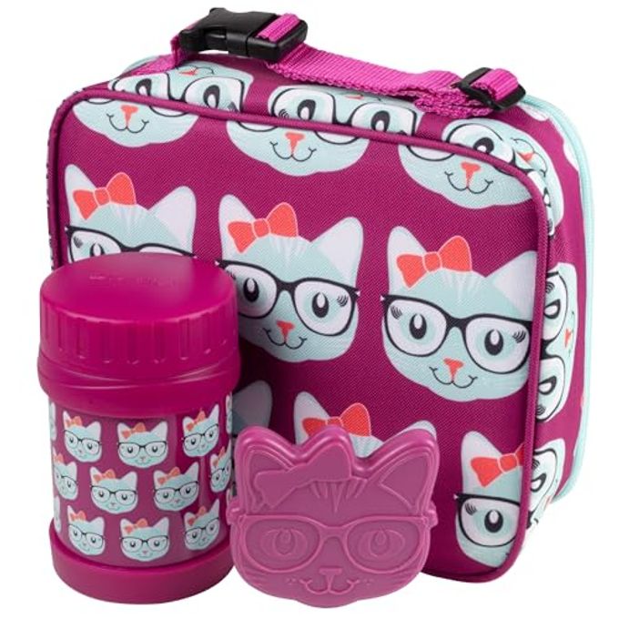 Bentology Insulated Lunchbox Kit w Matching Reusable thermos Food Jar & Hard Freezer Ice Pack- Kids Thermal Lunch Bag w Clip on Handle- Easy to Clean Water-Resistant- Mini Cooler Tote- Back to School
