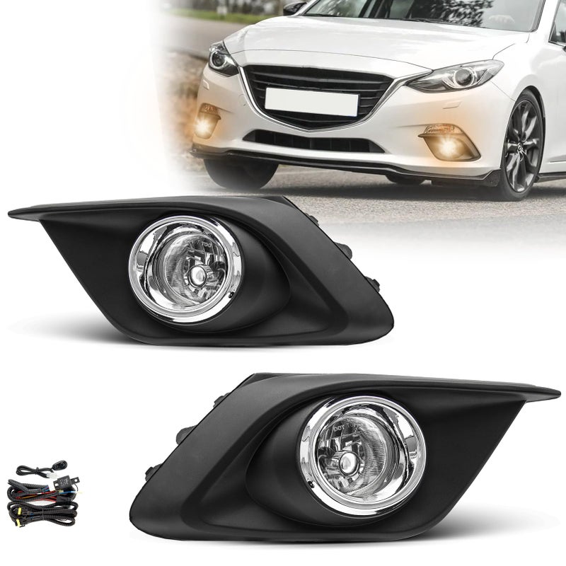SPIEGEER Fog Lights Assembly For 2014 2015 2016 Mazda 3 Fog Lamps Replacement Kit with SwitchWiring H11 12V 55W Halogen Bulbs Clear Lens