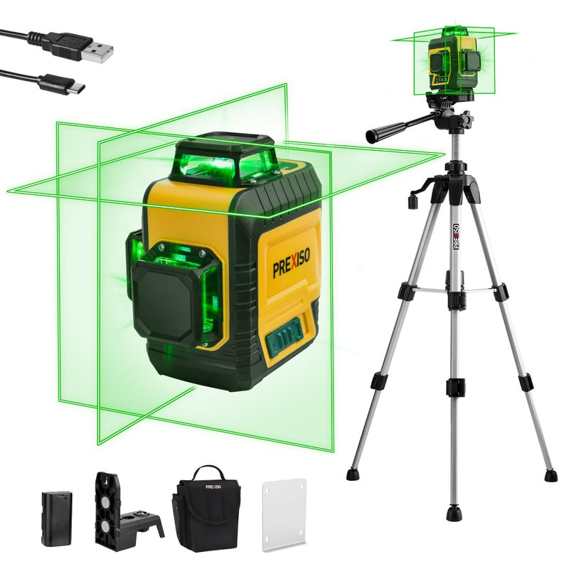 PREXISO 3 X 360 Laser Level with Tripod Rechargeable 82Ft Cross Line Leveler Green Line Laser Level Self Leveling for Construction Tile Home Renovation with Magnetic Base Iron Plate Bag