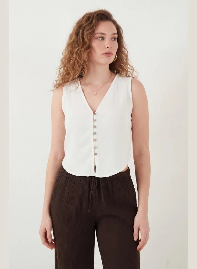 Lela  Lela Cotton Regular Fit V-Neck Button Detail Summer Blouse Vest Women's VEST 5866661 for Women | Best Price UAE