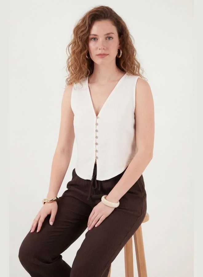 Lela  Lela Cotton Regular Fit V-Neck Button Detail Summer Blouse Vest Women's VEST 5866661 for Women | Best Price UAE