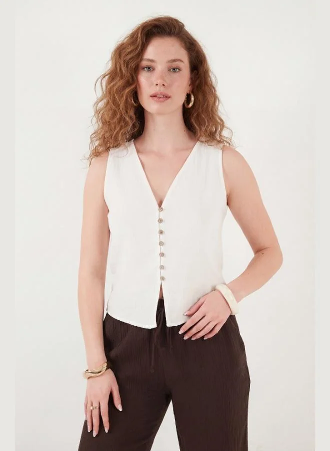 Lela  Lela Cotton Regular Fit V-Neck Button Detail Summer Blouse Vest Women's VEST 5866661 for Women | Best Price UAE