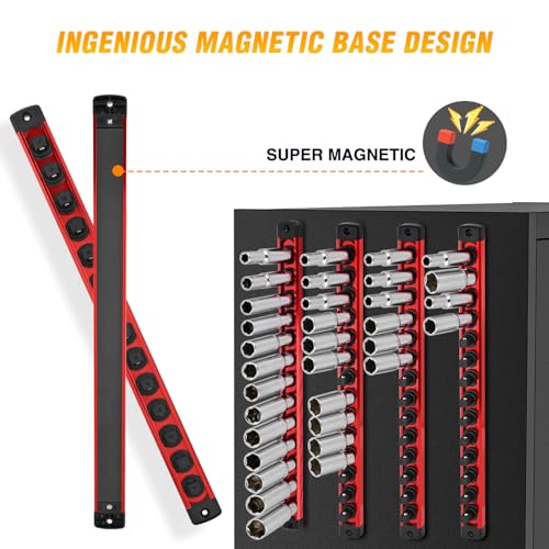 GOOACC Magnetic Socket Organizer 3/8 Inch Socket Holder with 14 360° Swivel Clips Heavy Duty Aluminum Socket Rail Organizer for Tool Box Drawer, Red 1 Piece 3/8" Drive Magnetic Socket Rails Holders - Image 4