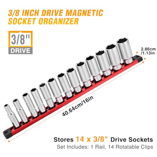 GOOACC Magnetic Socket Organizer 3/8 Inch Socket Holder with 14 360° Swivel Clips Heavy Duty Aluminum Socket Rail Organizer for Tool Box Drawer, Red 1 Piece 3/8" Drive Magnetic Socket Rails Holders - Image 2