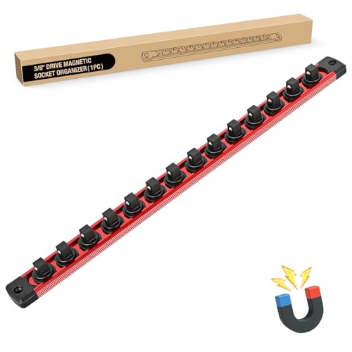 GOOACC Magnetic Socket Organizer 3/8 Inch Socket Holder with 14 360° Swivel Clips Heavy Duty Aluminum Socket Rail Organizer for Tool Box Drawer, Red 1 Piece 3/8" Drive Magnetic Socket Rails Holders - Image 1