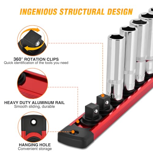 GOOACC Magnetic Socket Organizer 3/8 Inch Socket Holder with 14 360° Swivel Clips Heavy Duty Aluminum Socket Rail Organizer for Tool Box Drawer, Red 1 Piece 3/8" Drive Magnetic Socket Rails Holders - Image 3