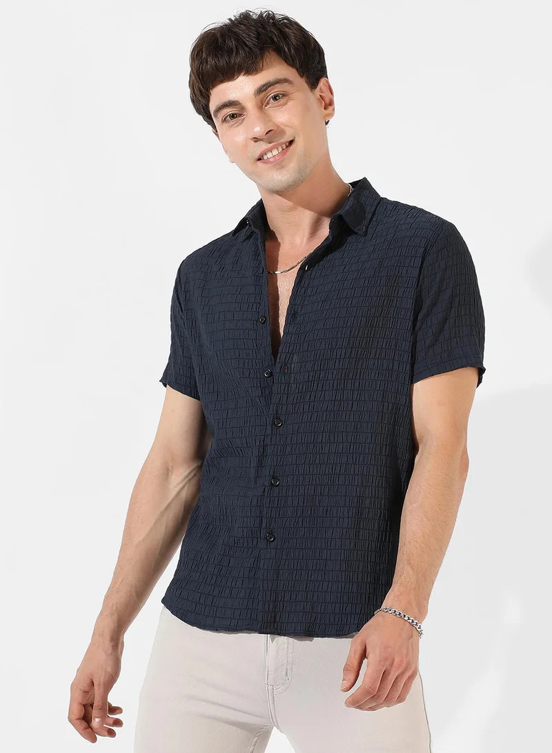Campus Sutra Men's Black Textured Button Up Spread Collar Shirt For Casual Wear | Regular Fit | Poly Lycra Shirt Crafted With Short Sleeve, Comfort Fit & High-Performance For Everyday Wear