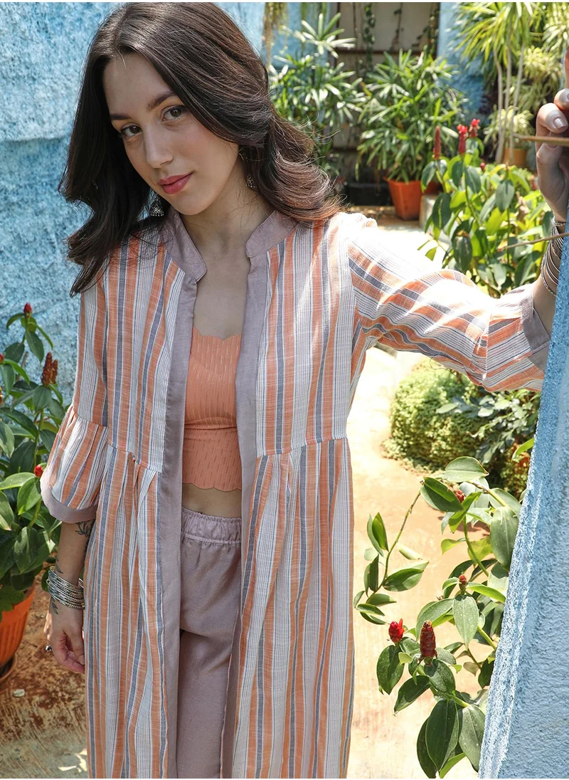  قصة Women's Orange & White Halo Striped Jacket With Beige Kurta & Trousers Set