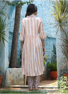  قصة Women's Orange & White Halo Striped Jacket With Beige Kurta & Trousers Set  - Image 4