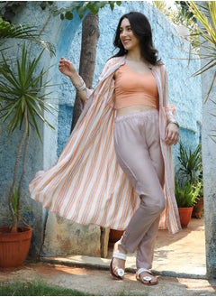  قصة Women's Orange & White Halo Striped Jacket With Beige Kurta & Trousers Set  - Image 3