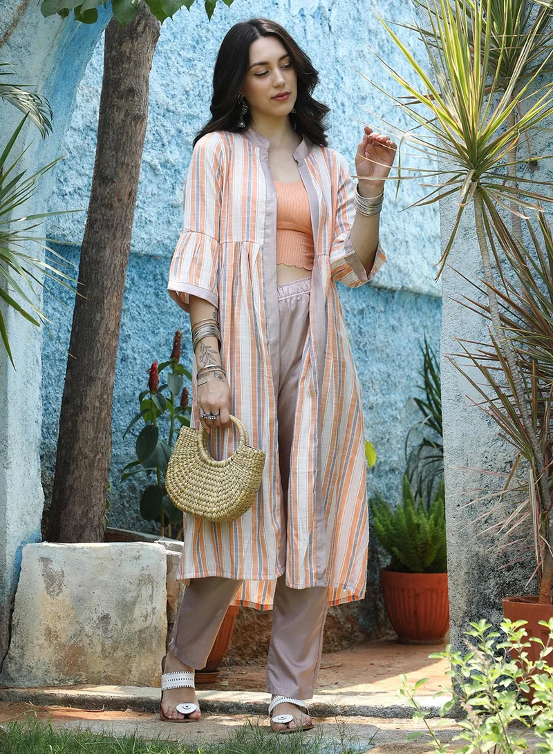  قصة Women's Orange & White Halo Striped Jacket With Beige Kurta & Trousers Set