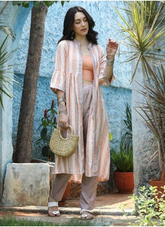  قصة Women's Orange & White Halo Striped Jacket With Beige Kurta & Trousers Set  - Image 5