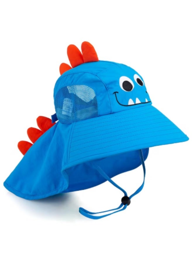Blue Dinosaur Kids Sun Hat, UPF50+ Wide Brim Neck Protection Outdoor Cap - Image 1