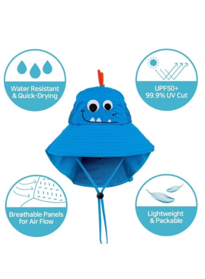 Blue Dinosaur Kids Sun Hat, UPF50+ Wide Brim Neck Protection Outdoor Cap - Image 3