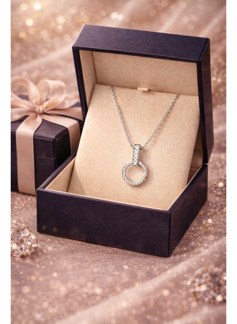 FINE SILVER 925 Sterling Silver Women's Necklace with Twisted Circle Pendant and Sparkling Zircon Bar - Image 2