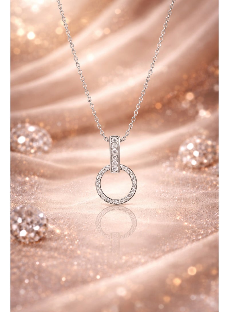 FINE SILVER 925 Sterling Silver Women's Necklace with Twisted Circle Pendant and Sparkling Zircon Bar - Image 3
