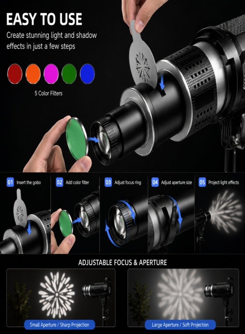 Conical Optical Snoot Lens Kit with 35 Stainless Steel Gobos and 5 Color Filters for Studio Photography and Video Lighting - Image 4