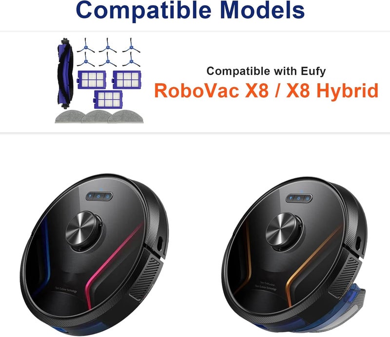 13 قطعة من مجموعة ملحقات مكنسة Eufy RoboVac X8/ X8 Hybrid الروبوتية، قطع غيار بديلة: الفرشاة الرئيسية، الفرشاة الجانبية، الفلتر، قطع القماش للمسح