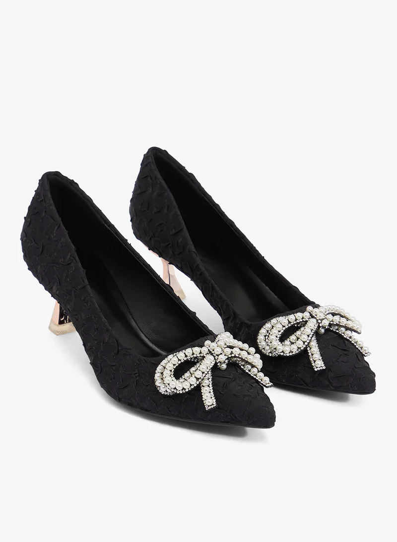 Ella Limited Edition Black Rhinestone Bow Detail Mid Heel Pump for Women | Best Price UAE
