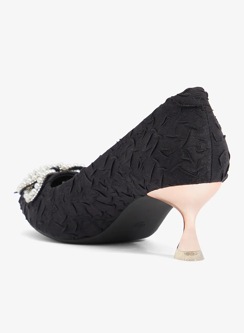 Ella Limited Edition Black Rhinestone Bow Detail Mid Heel Pump for Women | Best Price UAE
