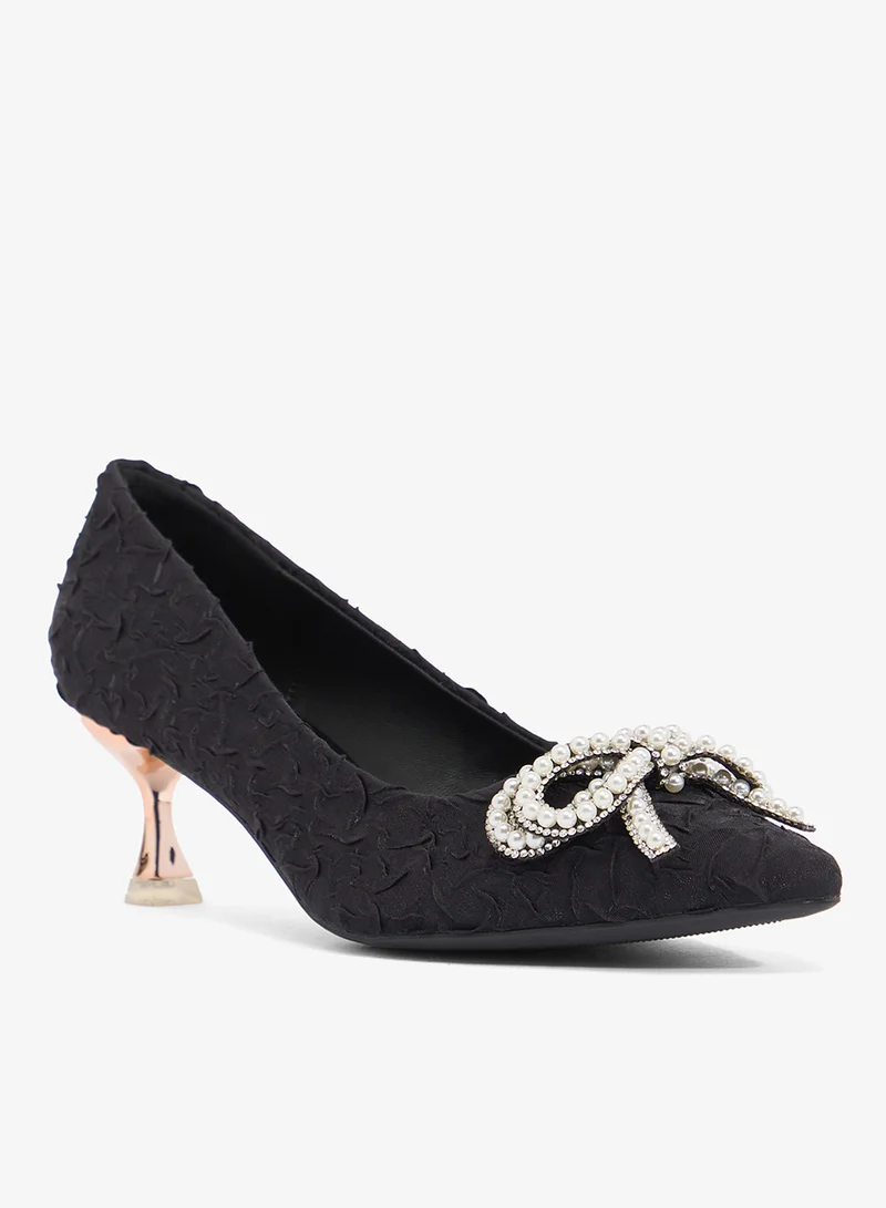 Ella Limited Edition Black Rhinestone Bow Detail Mid Heel Pump for Women | Best Price UAE