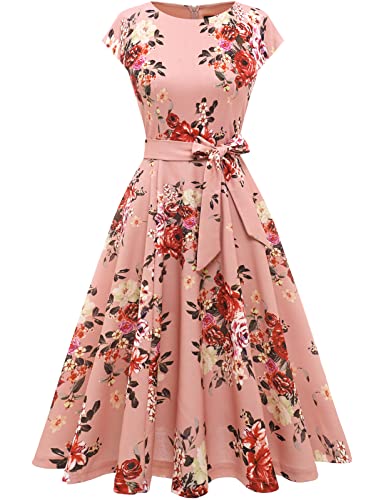 DRESSTELLS Womne's Cocktail Dresses for Wedding Guest Formal Modest Church Floral Holiday Party 1950s Vintage Tea Party Hepburn Dress Blush Flower M - Image 2