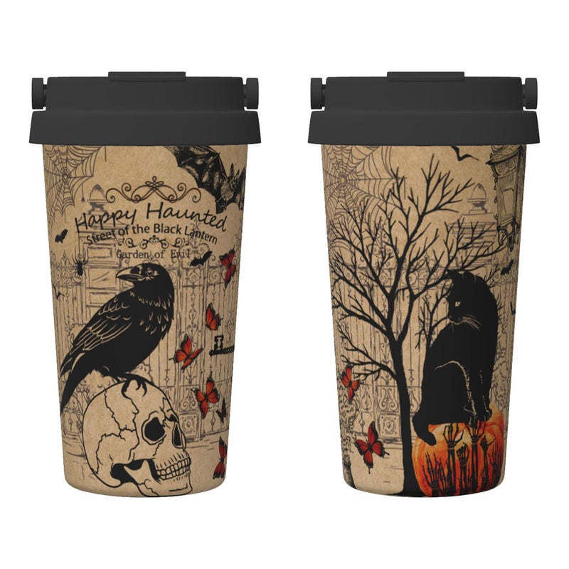 bassyil Halloween Vintage 17oz Insulated Coffee Mug with Flip Lid Handle Witch Spooky Themed Stainless Steel Insulated Travel Tumbler Spill Proof Halloween Cup Gift for Women Men Adults - Image 1