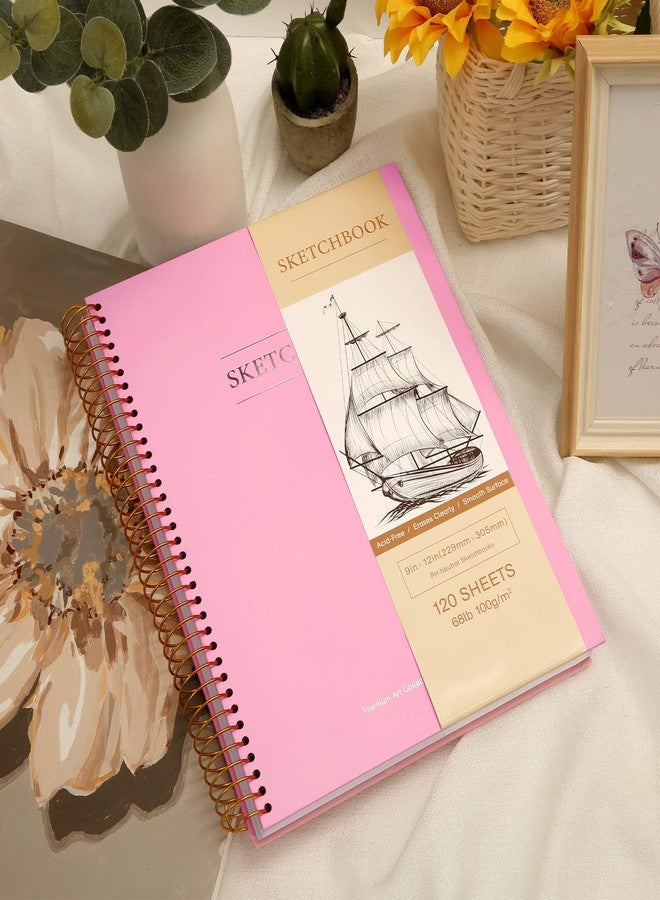 Yoment 9 x 12 inches Hardcover Sketchbook for Drawing 120 Sheets Spiral Bound Sketch Pad Premium Art Sketchbook Artistic Drawing Painting Writing Paper(68lb/100gsm) for Kids Adults Beginners Artists, Pink - Image 2