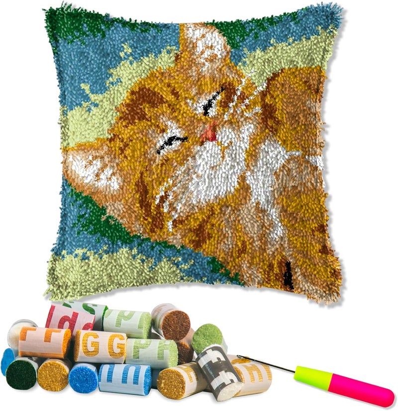 LAPATAIN Latch Hook Kits for DIY Throw Pillow Cover,Cute Cat Needlework Cushion Cover Hand Craft Crochet for Great Family 15.7X15.7inch - Image 1