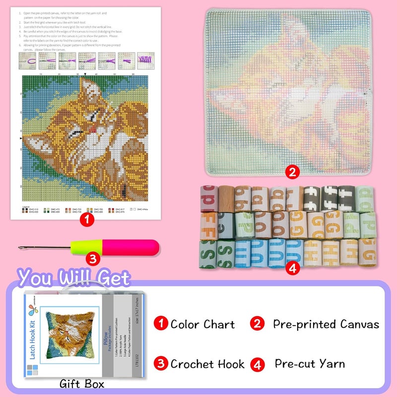 LAPATAIN Latch Hook Kits for DIY Throw Pillow Cover,Cute Cat Needlework Cushion Cover Hand Craft Crochet for Great Family 15.7X15.7inch - Image 2