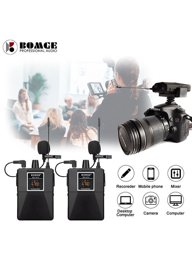 BOMGE - 121U Dual Channel UHF Wireless Microphone with 30 Selectable Channels Two 3.5mm Cables for Camera Recorder DV YouTube video Facebook Teaching and Interview - Image 1