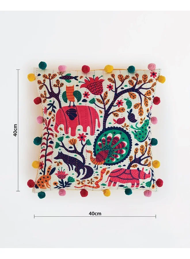 تشامباك Chumbak Jungle Folk Pompom غطاء وسادة من القطن الناعم والبوليستر ، أساسي للمنزل ، أغطية وسائد لرمي للأريكة وغرفة النوم ، غرفة المعيشة ، 15.9 بوصة × 15.9 بوصة (أبيض)