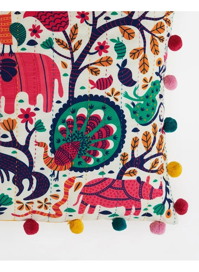 تشامباك Chumbak Jungle Folk Pompom غطاء وسادة من القطن الناعم والبوليستر ، أساسي للمنزل ، أغطية وسائد لرمي للأريكة وغرفة النوم ، غرفة المعيشة ، 15.9 بوصة × 15.9 بوصة (أبيض)