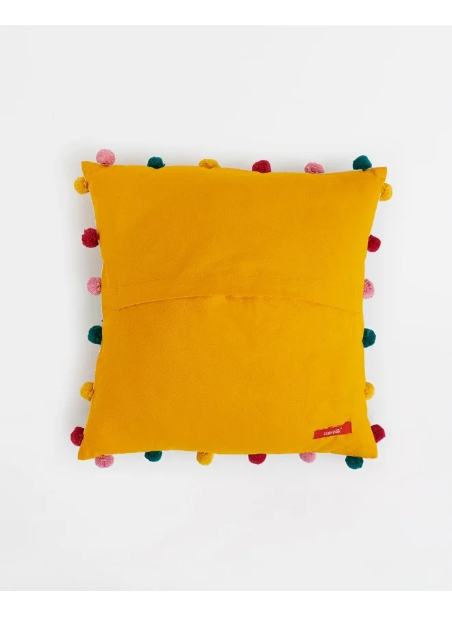 تشامباك Chumbak Jungle Folk Pompom غطاء وسادة من القطن الناعم والبوليستر ، أساسي للمنزل ، أغطية وسائد لرمي للأريكة وغرفة النوم ، غرفة المعيشة ، 15.9 بوصة × 15.9 بوصة (أبيض)
