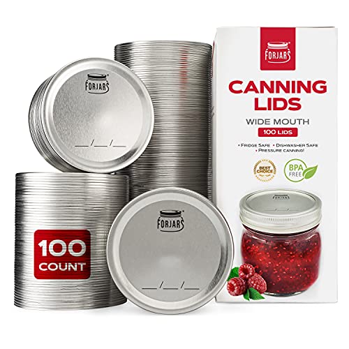FORJARS - Wide Mouth Canning Lids, 100-Pack – Create Airtight Seals on Mason Jars to Preserve Food for Meal Prep & Emergency Food Storage – 3.4 In. Metal Lids with Silicone Seals – Canning Supplies - Image 1