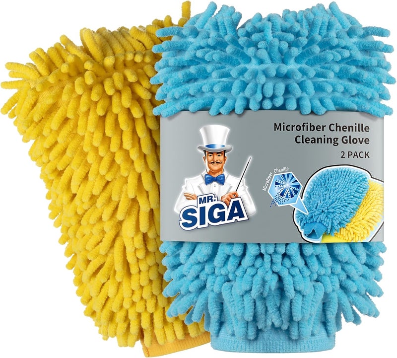 Mr Siga MR.SIGA Soft Chenille Microfiber Car Wash Mitt, Pack of 2, Blue and Yellow - Image 1