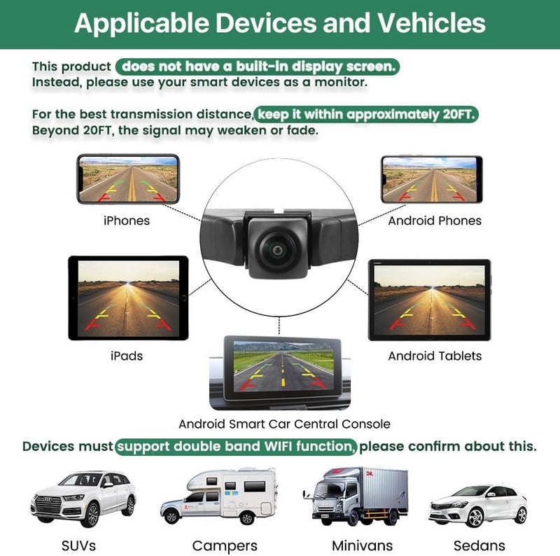 GreenYi WiFi Car Wireless Backup Camera, 5G 720P HD Rear/Front View for Smartphones and Tablets - Image 2