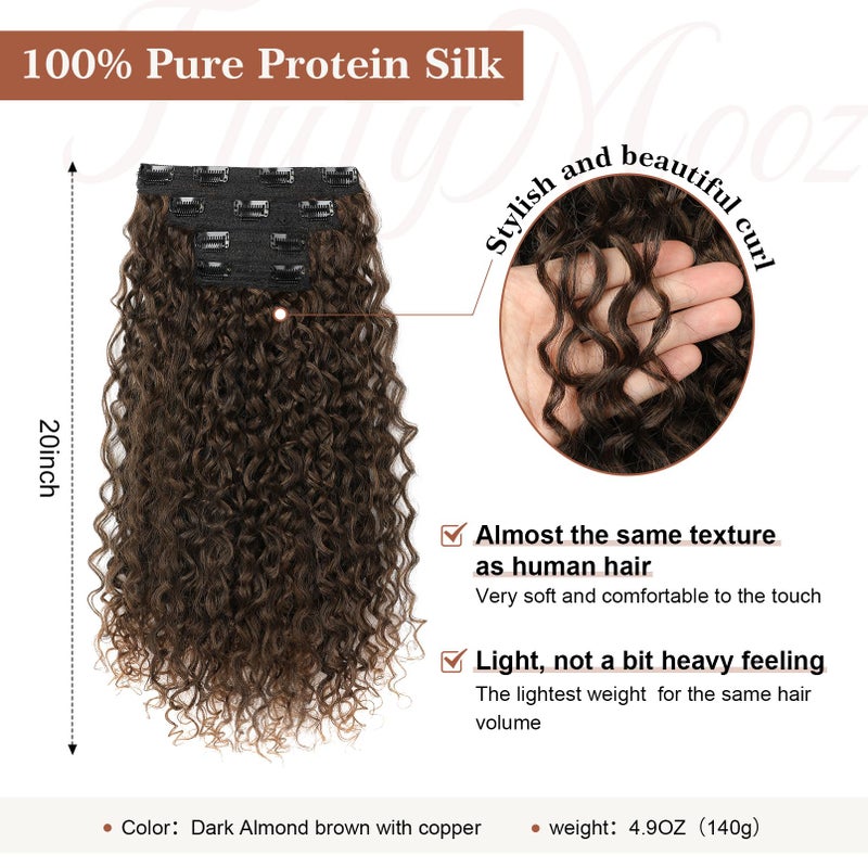 Flufymooz Clip in Hair Extensions, FLUFYMOOZ 4PC 100ï¼… Pure Protein Silk Hair Extensions Long Soft Natural Hairpiece 20 Inch Curly Hair Extension for Women (Dark Almond brown with copper) - Image 2
