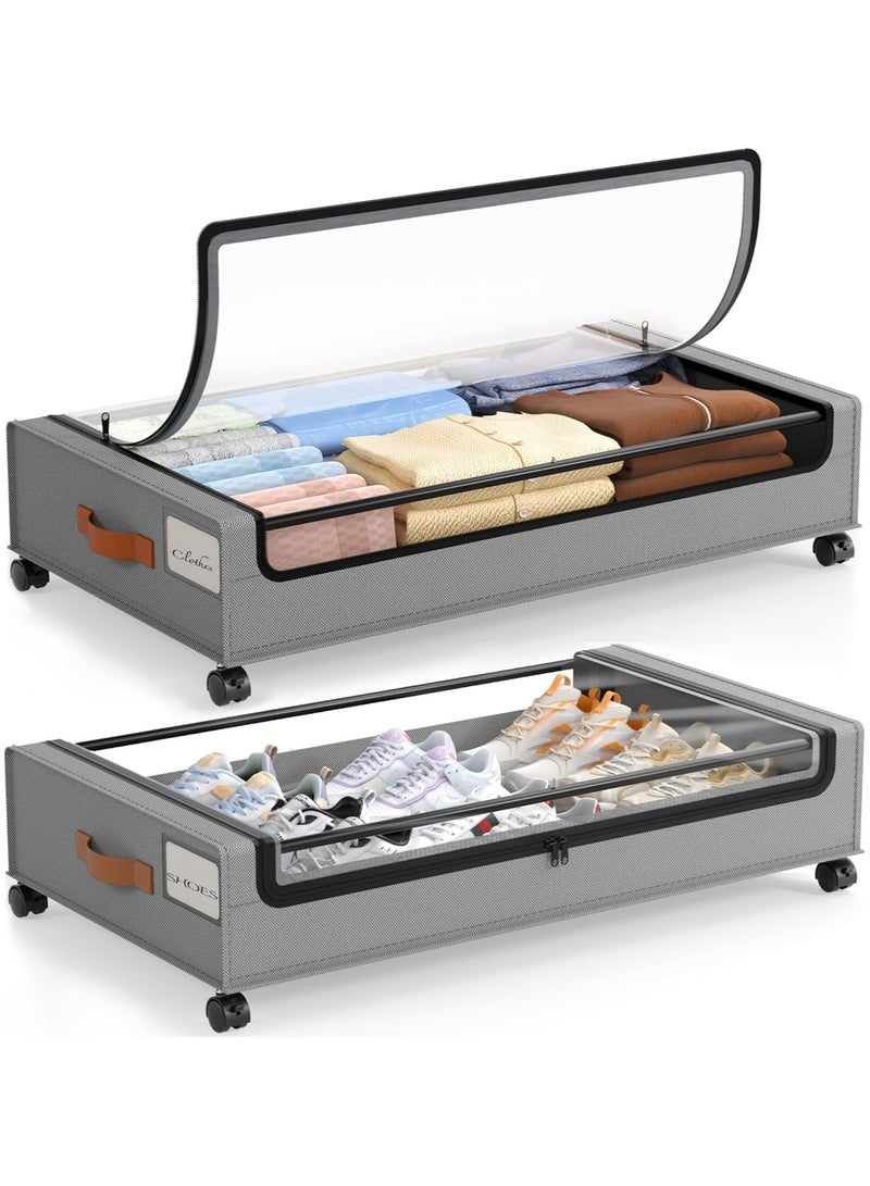 Under Bed Storage with Wheels 2 Pack, Under Bed Storage Containers with Clear Lid & PU Leather Handle, 6.7 Inches Height Rolling Underbed Drawer Organizer Bins for Clothes, Shoes, Blankets, Grey - Image 1