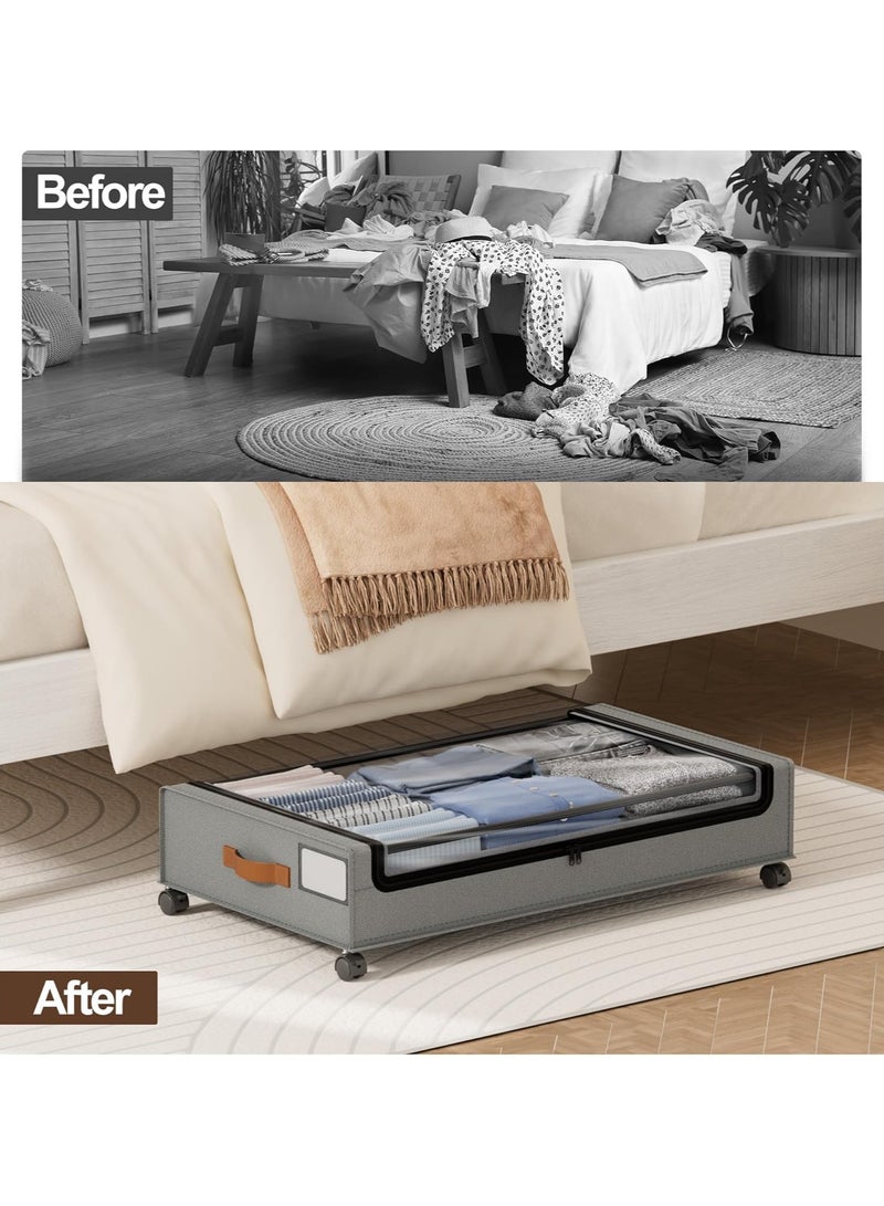 Under Bed Storage with Wheels 2 Pack, Under Bed Storage Containers with Clear Lid & PU Leather Handle, 6.7 Inches Height Rolling Underbed Drawer Organizer Bins for Clothes, Shoes, Blankets, Grey - Image 2