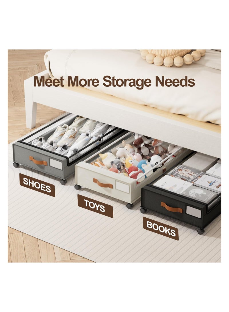 Under Bed Storage with Wheels 2 Pack, Under Bed Storage Containers with Clear Lid & PU Leather Handle, 6.7 Inches Height Rolling Underbed Drawer Organizer Bins for Clothes, Shoes, Blankets, Grey - Image 4