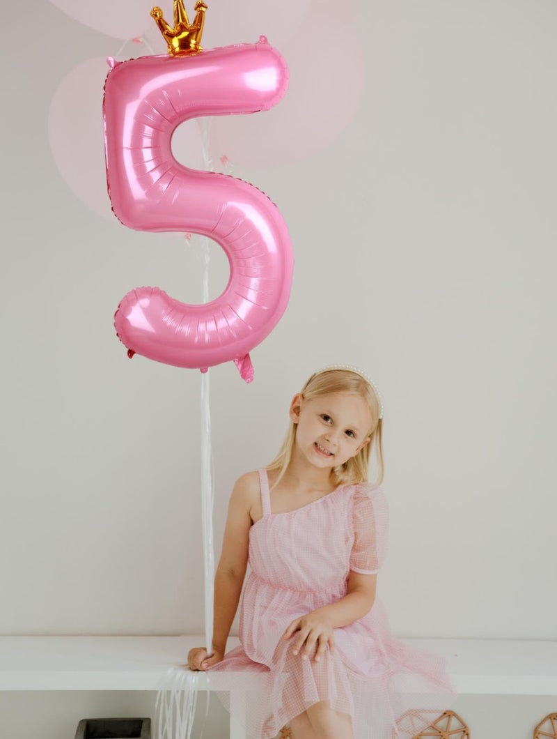 Kwuz 40 Inch Crown Pink Number 5 Balloon, Big Conjoined Baby Pink Foil Mylar Helium 5 Balloon for Girls 5th Birthday Party Decoration Princess Theme Party Decor Supplies Favors - Image 2