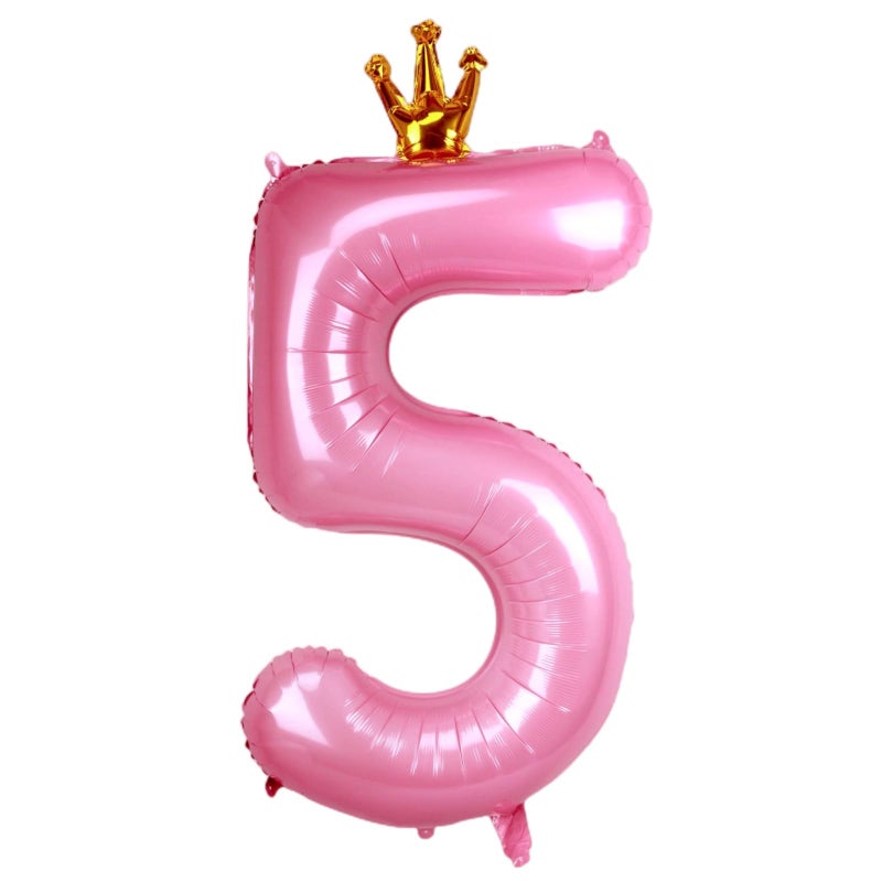 Kwuz 40 Inch Crown Pink Number 5 Balloon, Big Conjoined Baby Pink Foil Mylar Helium 5 Balloon for Girls 5th Birthday Party Decoration Princess Theme Party Decor Supplies Favors - Image 1