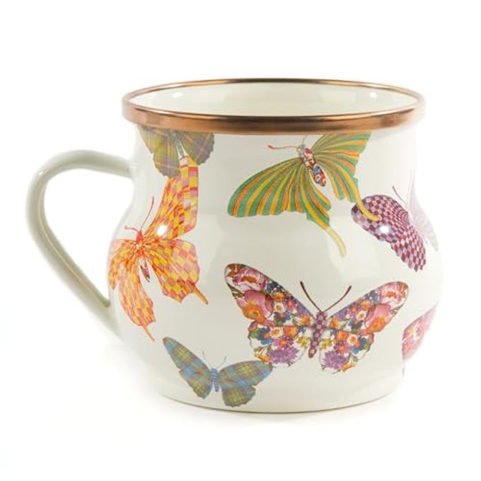 MACKENZIE-CHILDS Enamel Mug, Cute Enamelware Coffee and Tea Mug, Unique Drinkware, 16 Ounces, Butterfly Garden, Set of 1